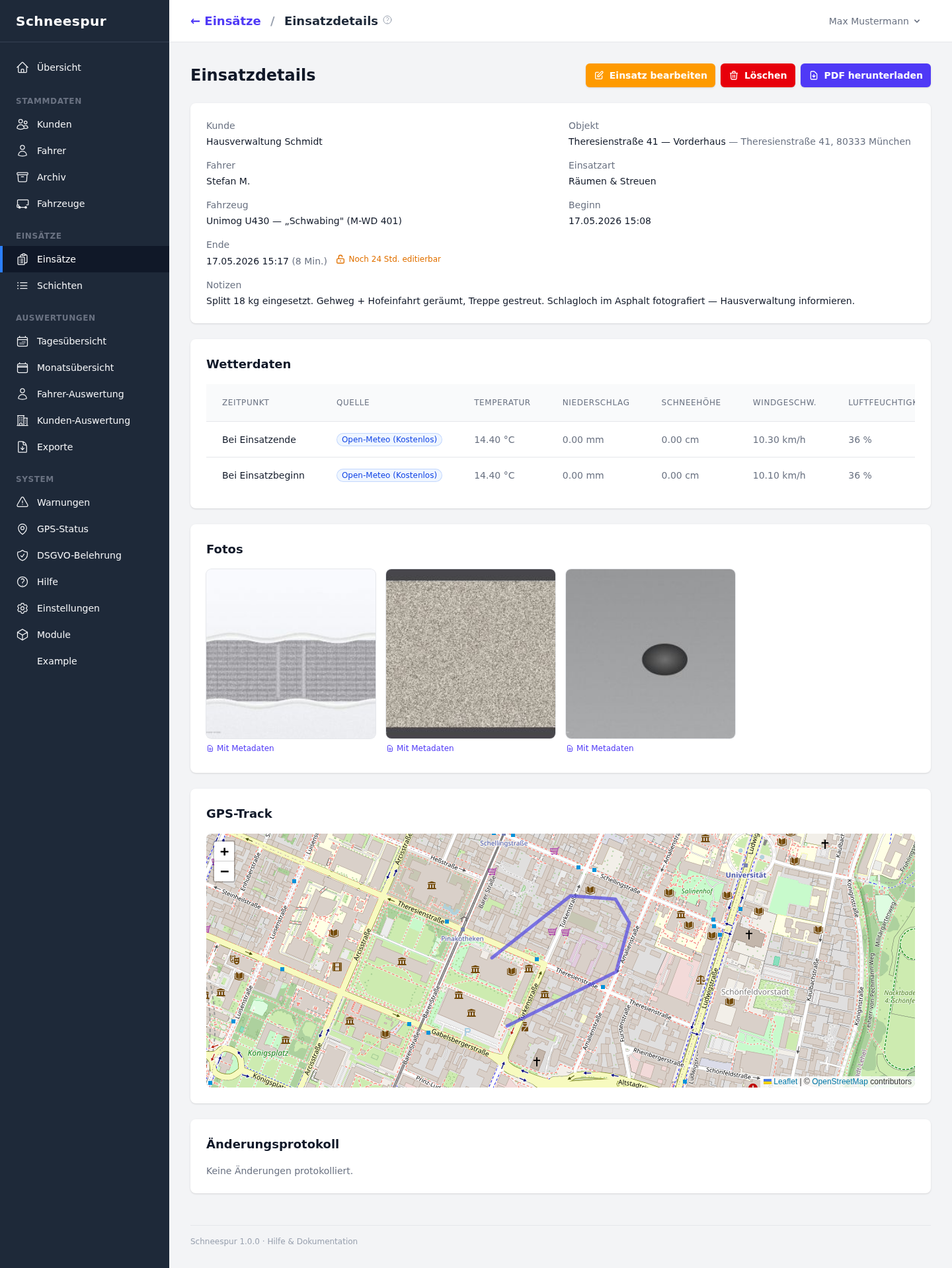 Beispieldarstellung der Admin-Einsatzdetail-Ansicht mit Wetter-Snapshot bei Start und Ende des Einsatzes, daneben GPS-Karte und PDF-Download-Button. Fiktive Demo-Daten.