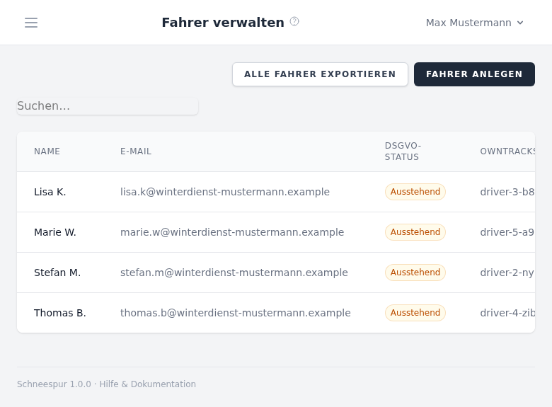 Fahrer-Liste im Admin-Bereich: vier Demo-Fahrer mit Rolle, Standard-Fahrzeug und Status. Beispieldarstellung mit fiktiven Demo-Daten.