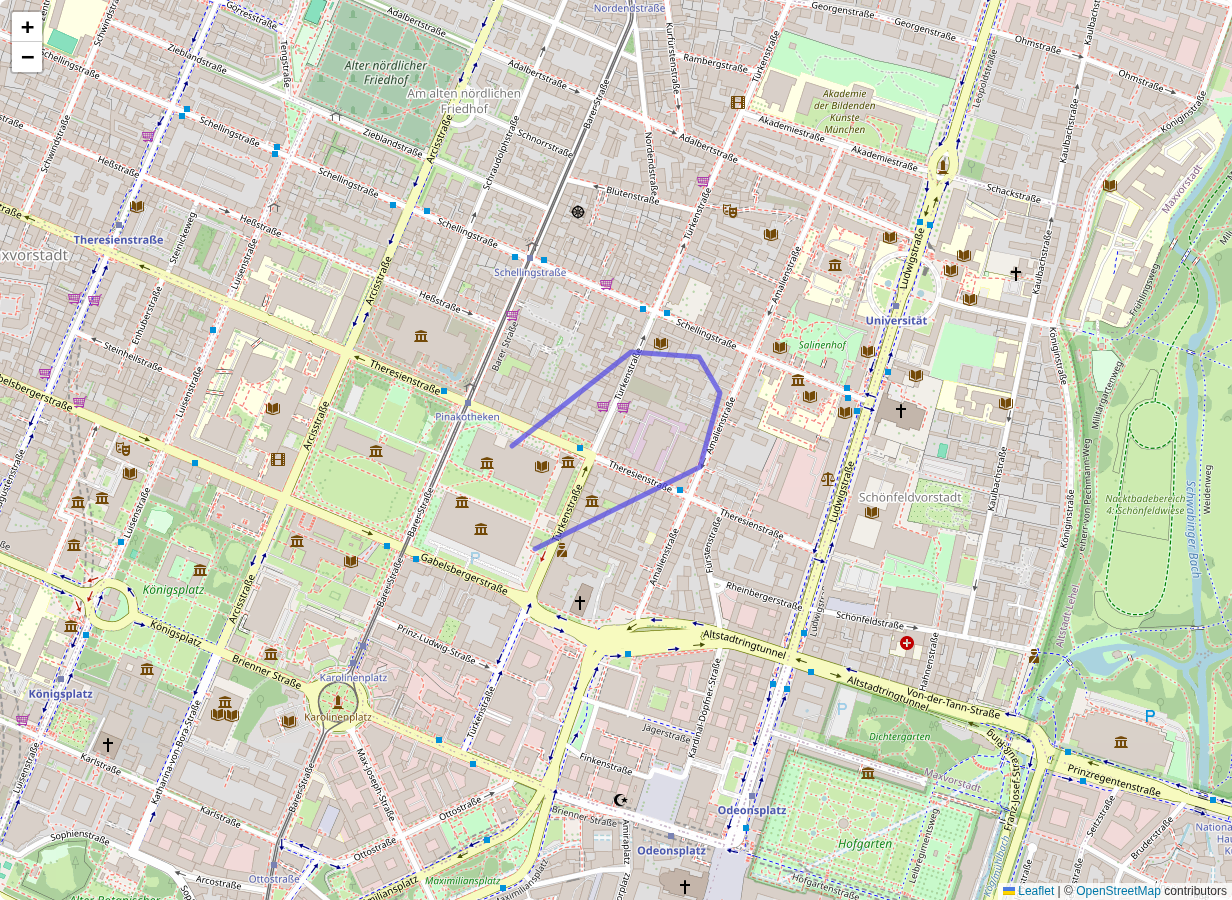 Beispieldarstellung der Admin-Kartenansicht mit GPS-Track: deutlich eingezeichnete Demo-Route mit Start- und Endpunkt auf OpenStreetMap-Hintergrund.