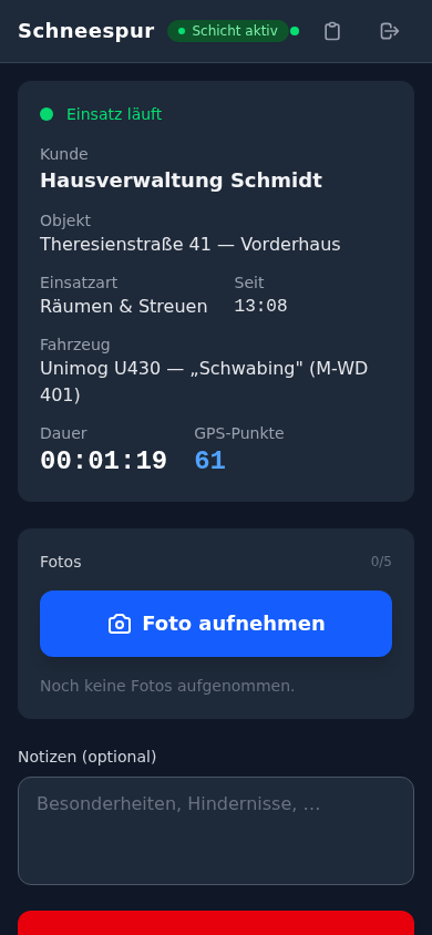 Fahrer-App: aktiver Einsatz, Live-Timer, Kunde sichtbar, GPS-Punkte werden erfasst.