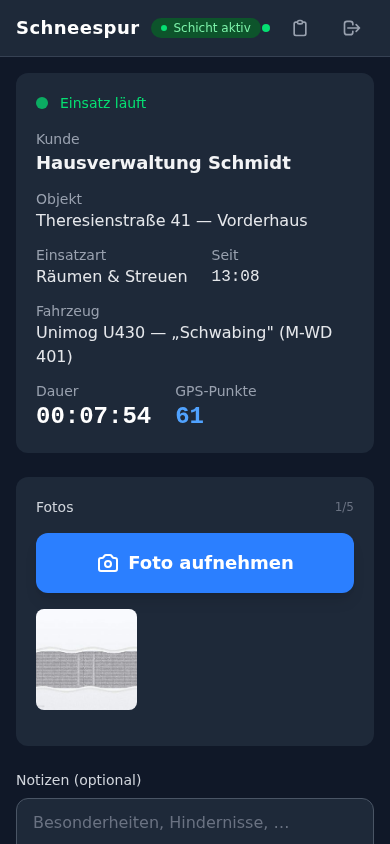 Fahrer-App: Foto-Aufnahme-Screen mit Vorschau einer Aufnahme.