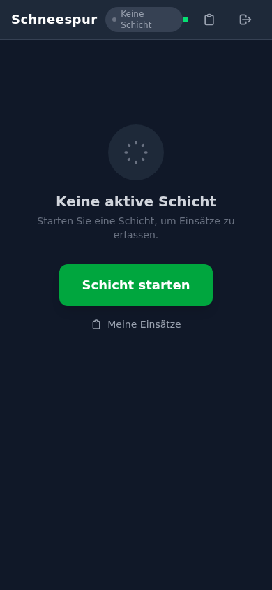 Fahrer-App: Schicht-Start-Screen mit Anmeldung bei Winterdienst Mustermann GmbH.
