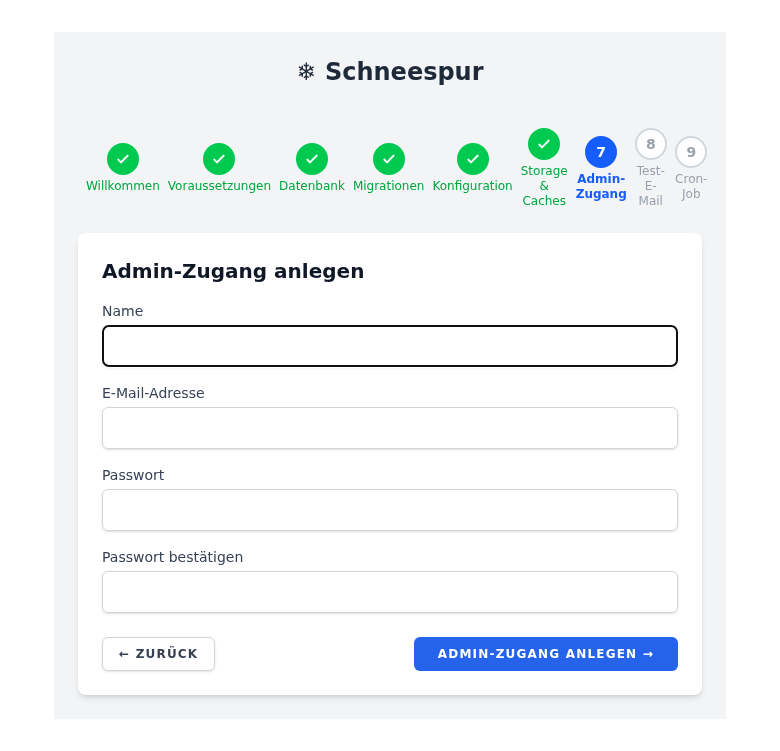 Browser-Assistent, Admin-Konto anlegen mit Hinweisen zur Passwortstärke. Beispieldarstellung mit fiktiven Demo-Daten.