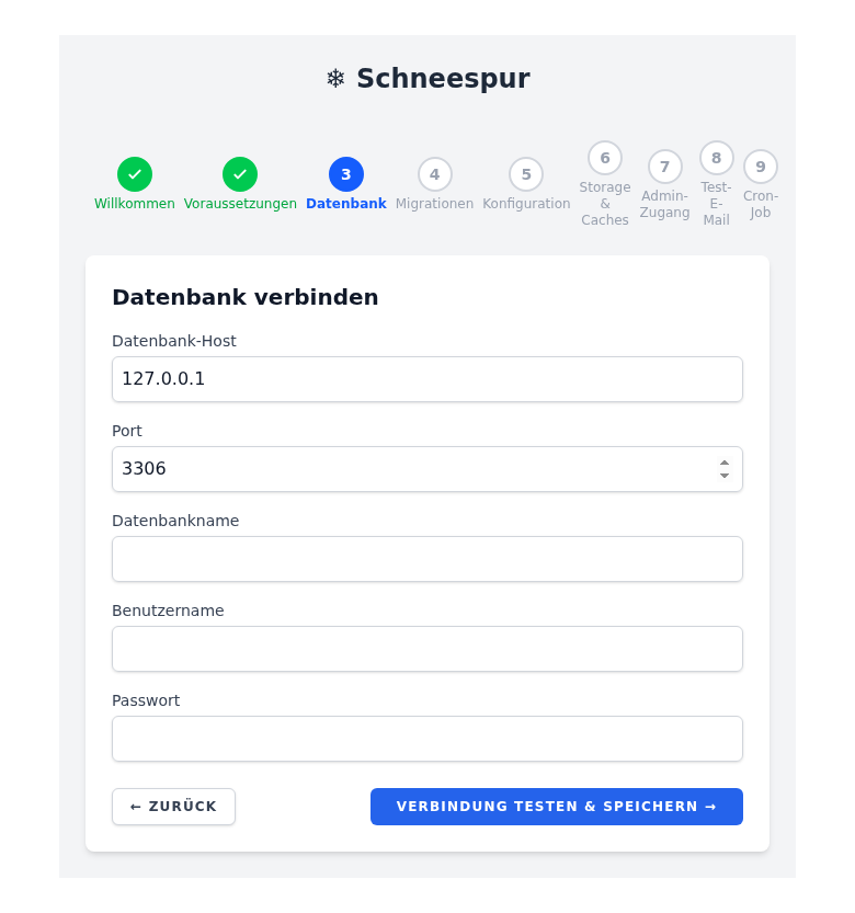 Browser-Assistent, Datenbank-Eingabe-Screen: Host, Datenbank-Name, Benutzer und Passwort. Beispieldarstellung mit fiktiven Demo-Daten.
