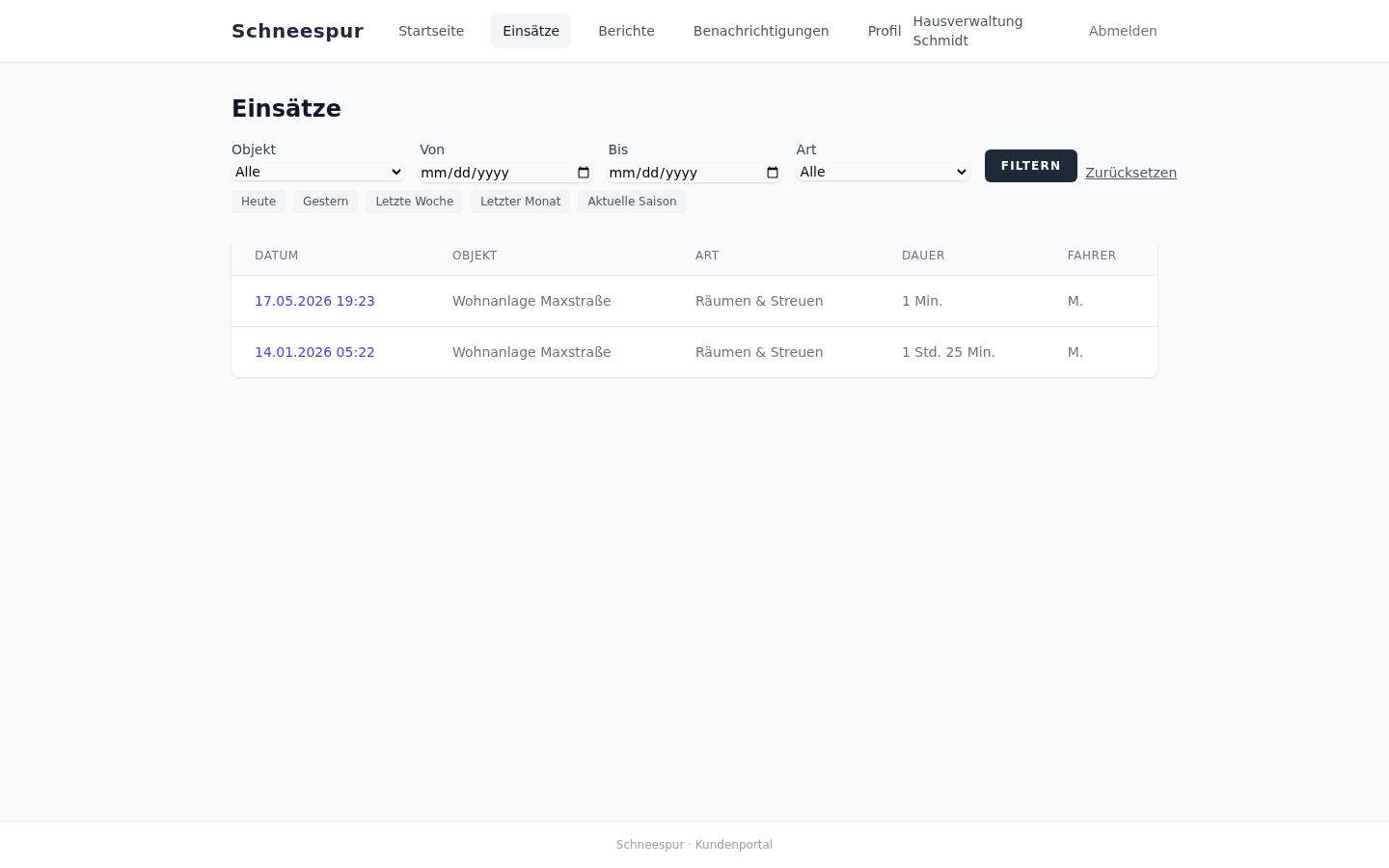 Kundenportal aus Sicht eines Auftraggebers: Tabelle mit mehreren Einsätzen, Spalten Datum, Zeitfenster, Wetter-Kurz und PDF-Download. Beispieldarstellung mit fiktiven Demo-Daten.