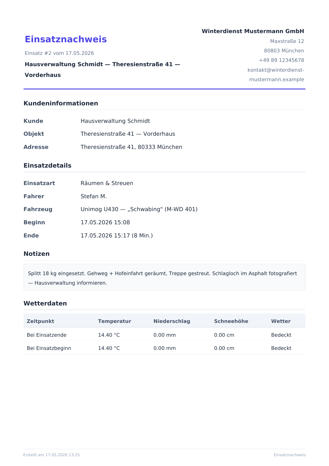 Erste Seite des PDF-Einsatznachweises: Firmenkopf, Kundeninformationen, Einsatzdetails mit Einsatzart, Fahrer, Fahrzeug sowie Beginn und Ende, die Notiz des Fahrers und eine Wetterdaten-Tabelle mit je einer Zeile für Einsatzbeginn und Einsatzende.