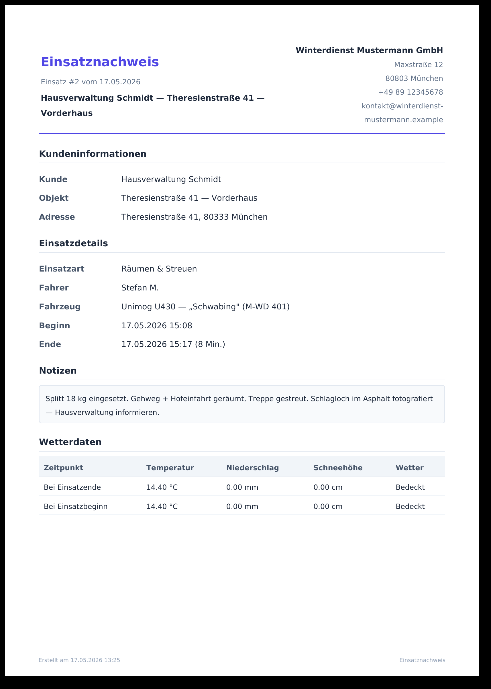 Beispieldarstellung des PDF-Einsatznachweises: Cover-Seite mit Firmenkopf, Datum, Kunde, GPS-Eckdaten und Wetterlage. Fiktive Demo-Daten.